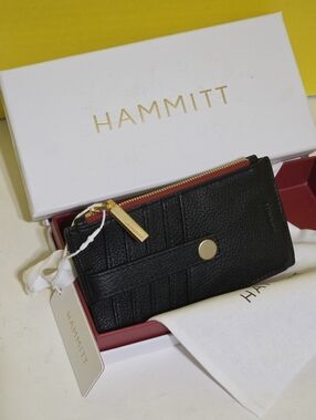 Hammitt Black Leather Card Wallet with Red Zipper and Gold Hardware